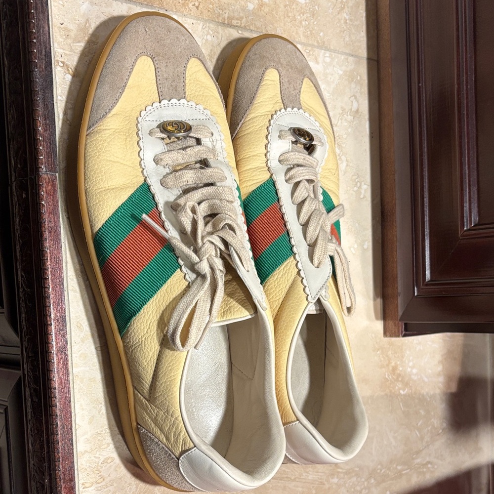 Gucci Men's Yellow Sneakers with Green and Red Stripes
